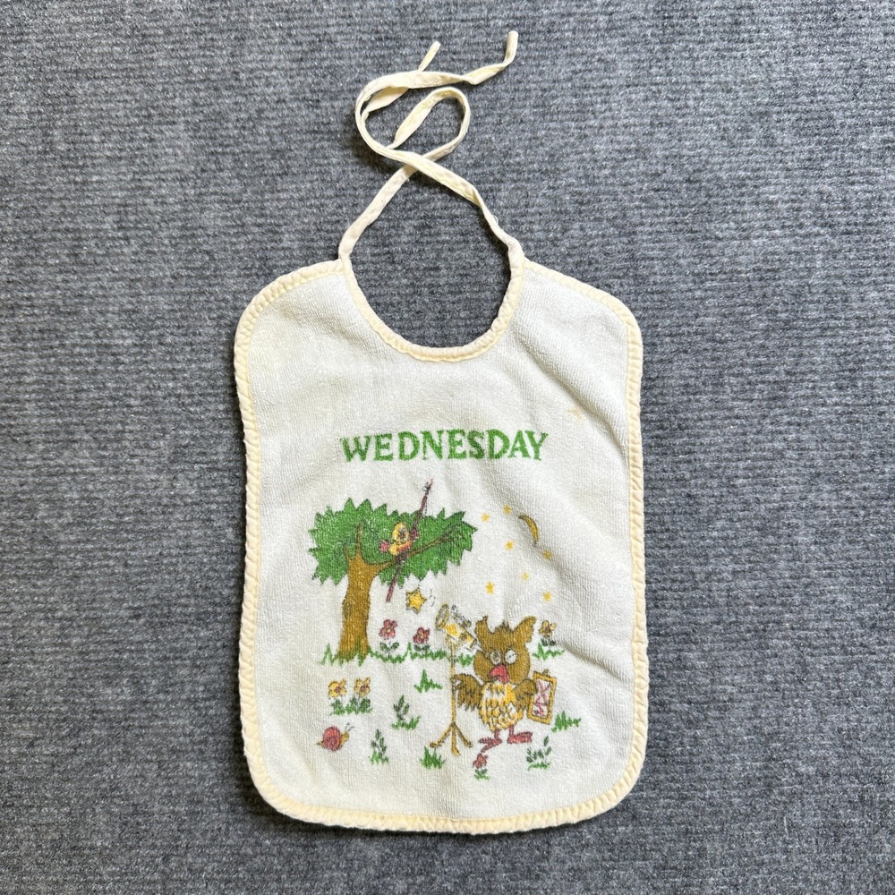 Vintage Wednesday Owl Terry Cloth Baby Bib Cream Yellow Tie Closure 12757